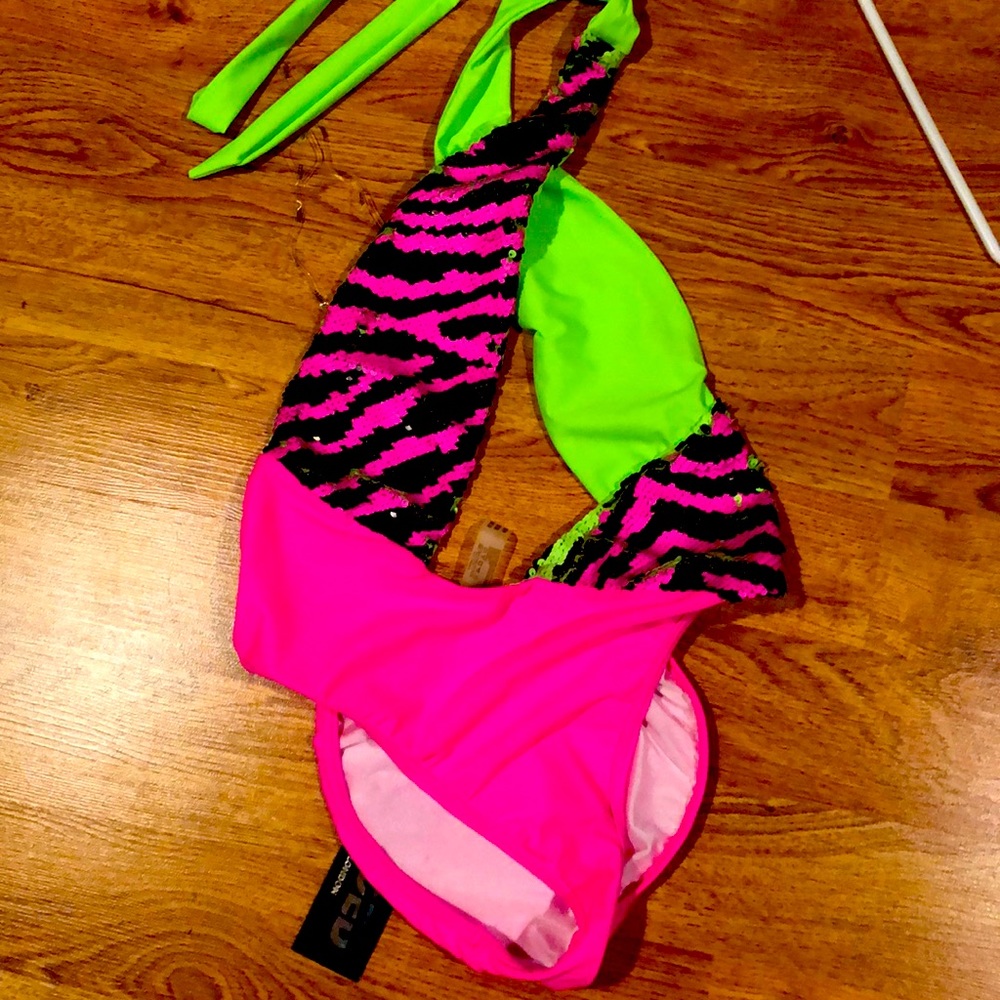 Neon shifting sequin bathing suit